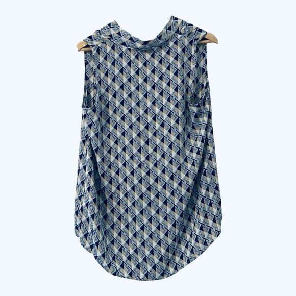 Women's Medium Blue Tan Pattern Sleeveless Casual Soft Hi-Low Career Blouse - Picture 2 of 4